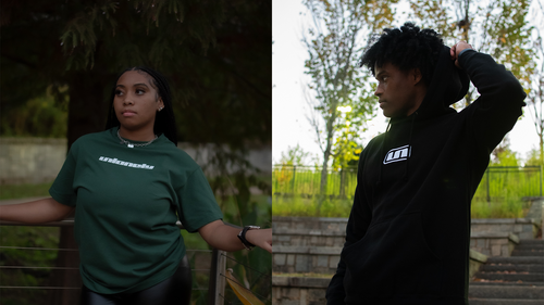 Collage of two pictures featuring a model wearing the UNLONELY Signature Tee in the Forest colorway, and another model wearing the UNLONELY Box Logo Hoodie in the Black colorway.